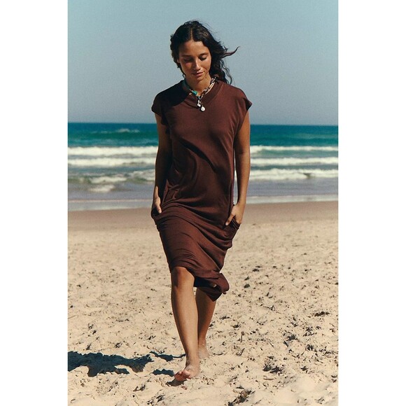 Free People Free-est All Day Long Midi T-Shirt Dress Chocolate Beach XS 283782 - Picture 4 of 9